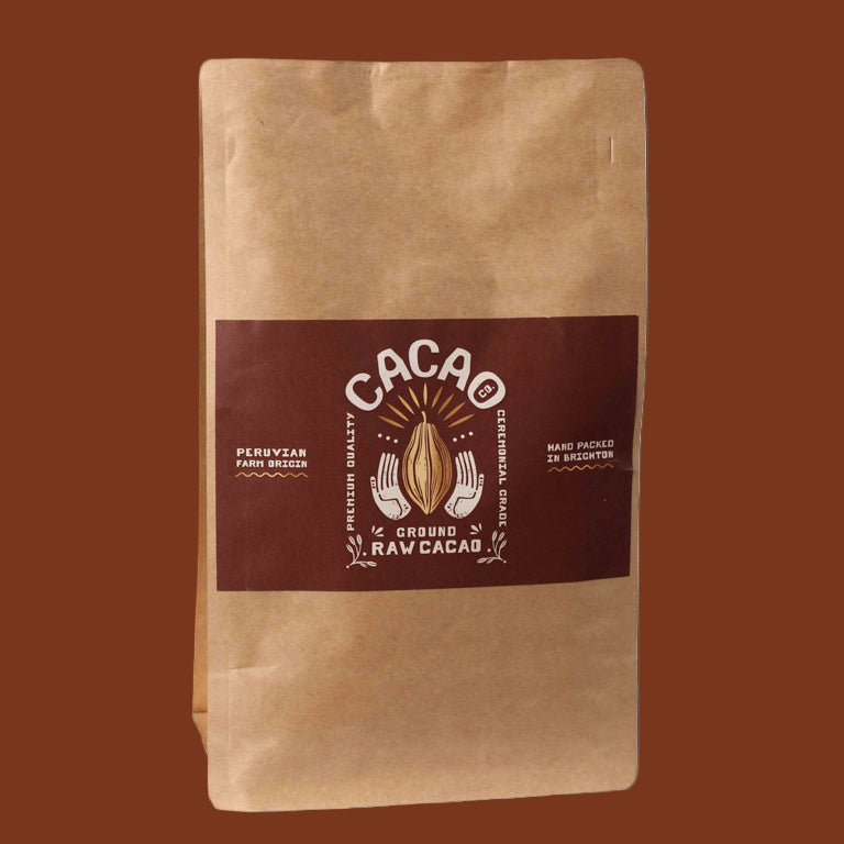 Kraft paper bag with a Cacao label on a black background
