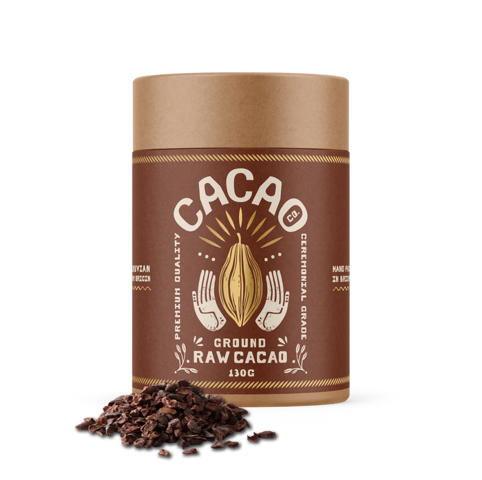 Brown container of ground raw cacao with a logo on a white background