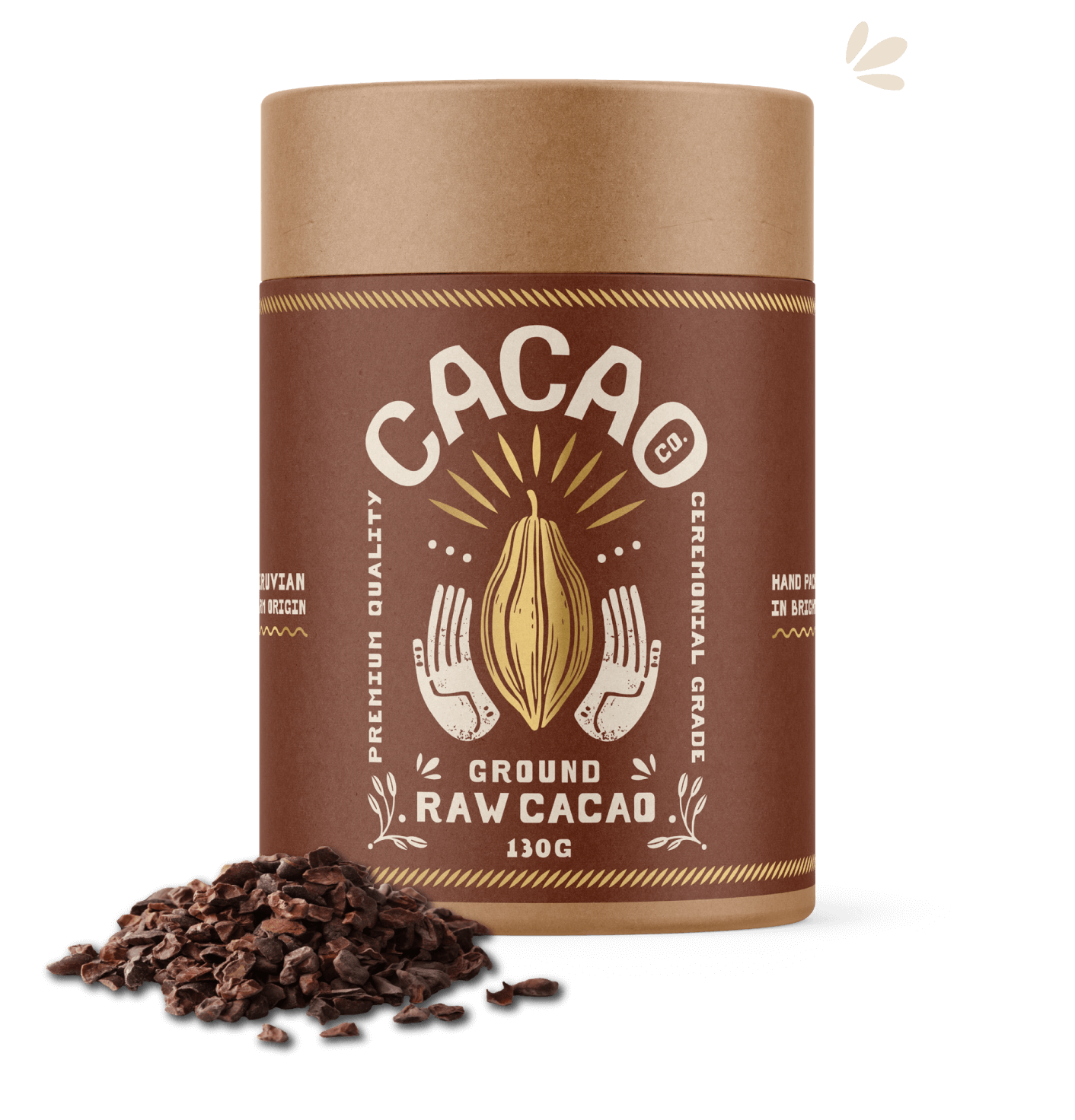 Cacao powder container with cacao nibs on a black background