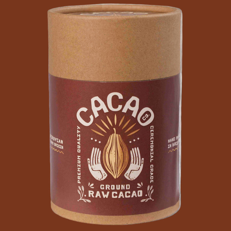Cacao powder container with a brown label on a white background